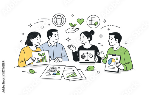 Teamwork for Sustainability. Sustainable development and ESG. Team discussing environmental and social goals around simple charts and leaf icons,