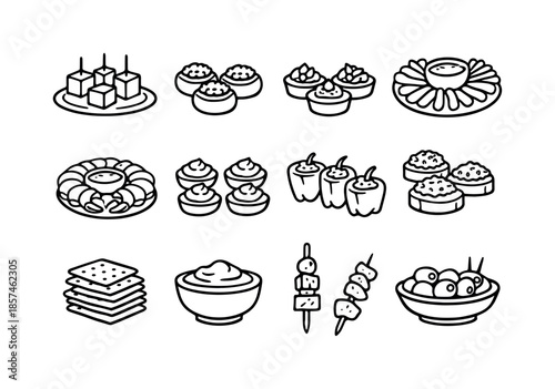 Festive Appetizer Icons. Holiday feasts. Line icon set of festive appetizers: cheese cubes, stuffed mushrooms, mini tarts, veggie platter, shrimp ring, deviled