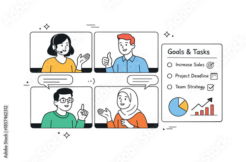 Remote Team Collaboration. Online meetings and alignment. Team members discussing goals in video tiles with shared notes. Clear communication and mutual
