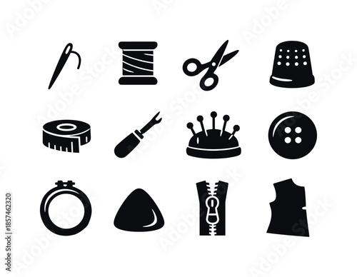 Textile Tools Icons. Hands-on job. Solid icon set of textile and sewing tools: sewing needle, thread spool, fabric scissors, thimble, measuring tape, seam