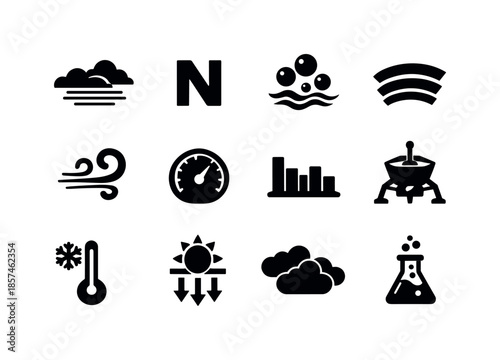Titan Atmosphere Icons. Titan atmosphere. Solid icon set of Titan atmosphere: haze cloud icon, nitrogen symbol, methane vapor, atmospheric layers symbol, wind