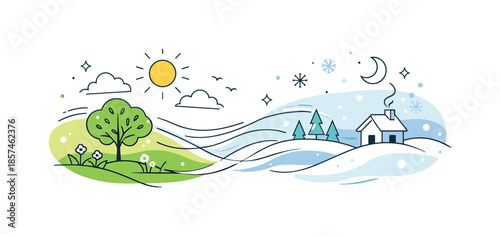 Seasonal Transition Artistry. Transition of seasons. Abstract landscape divided gently into two seasonal states, connected by flowing lines. Sense of movement,