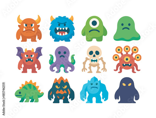 Colorful Monster Icons. Monsters. Colorful flat vector icons set of Monsters: horned brute, fanged beast, one-eyed cyclops, slime blob, winged gargoyle,