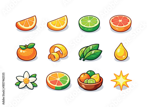 Colorful Citrus Icons. Citrus fruits. Colorful isometric vector icons set of citrus fruits: orange slice, lemon wedge, lime slice, grapefruit half, mandarin,