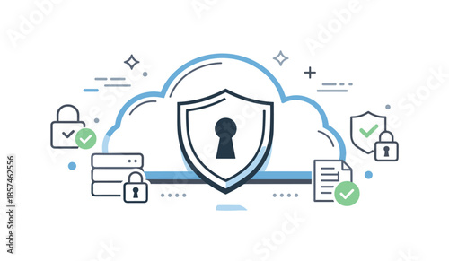 Cloud Security Shield. Cloud security and data protection concept. Shield icon integrated with cloud shape, clean layout suggesting encryption, privacy and