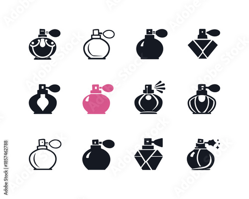 Perfume Logo Icons. Perfume bottle. Icon set. Set Logo of Perfume bottle: perfume sprayer nozzle. harmonious logo variations of the same emblematic concept,