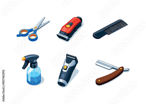 Barber Tools Isometric Display. Haircut tools flat lay. Isometric flat vector icons set of haircut tools flat lay: professional scissors, hair clippers, barber