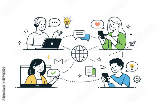 Virtual Learning Community. Digital learning community. Group of learners connected through devices, sharing messages and ideas online. Friendly interaction