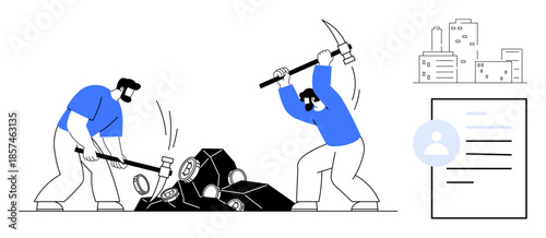 Data mining, blockchain, digital economy, workforce, industrial processes, identity verification. Workers breaking rock-thumbs up blocks with tools. Digital mining and blockchain concept