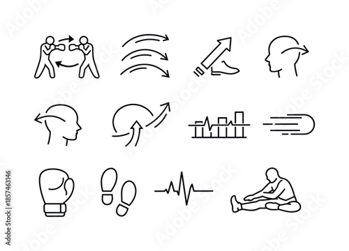 Boxing Workout Icons. Boxing fitness workouts. Line icon set of boxing fitness workouts: jab-cross cycle, punch arc trio, step-in angle arrow, slip-left curve,