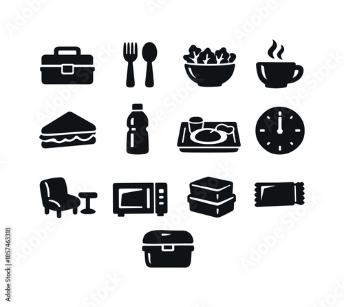 Work Lunch Icons. Lunch break at work. Solid icon set of lunch break at work: lunchbox, fork and spoon, salad bowl, soup cup, sandwich icon, water bottle,
