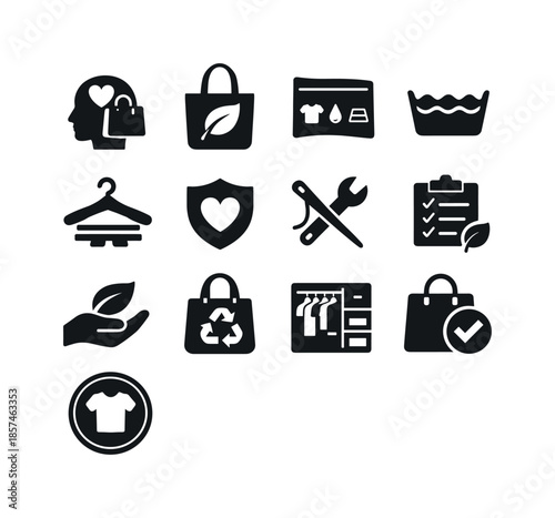 Responsible Fashion Icons. Responsible fashion consumption. Solid icon set of responsible fashion consumption: mindful shopping icon, eco bag, clothing care