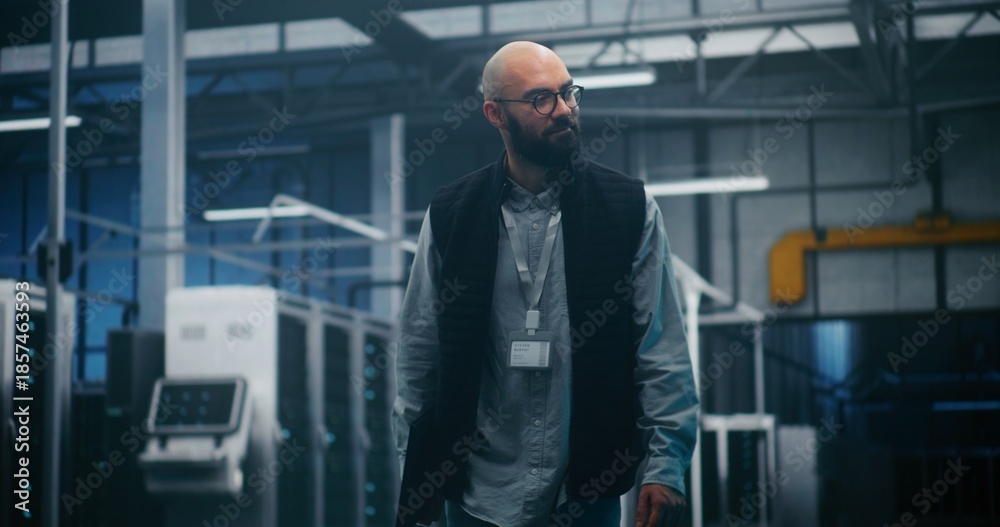 custom made wallpaper toronto digitalProfessional Engineer Walking Through High Tech Facility. IT Supervisor in Dark Vest and Shirt Walks Purposefully Through Large Server Facility. Concept Professional Oversight, Monitoring and Control.
