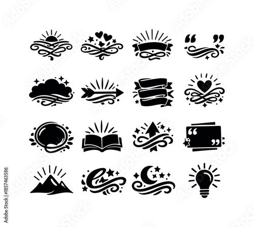 Calligraphy Icon Grid. Calligraphy Quotes. Solid icon set of Calligraphy Quotes: inspirational quote lettering, motivational phrase art, hand lettered saying,