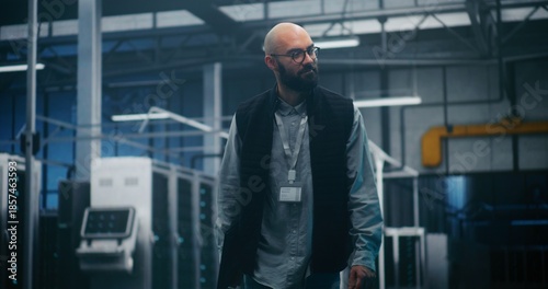 Wallpaper Mural Professional Engineer Walking Through High Tech Facility. IT Supervisor in Dark Vest and Shirt Walks Purposefully Through Large Server Facility. Concept Professional Oversight, Monitoring and Control. Torontodigital.ca