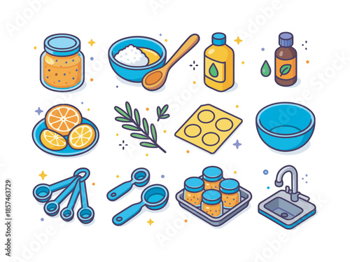 DIY Body Scrub Icons. DIY body scrub bar. Colorful isometric vector icons set of DIY body scrub bar: glass jar with sugar scrub, bowl with salt and oil, wooden