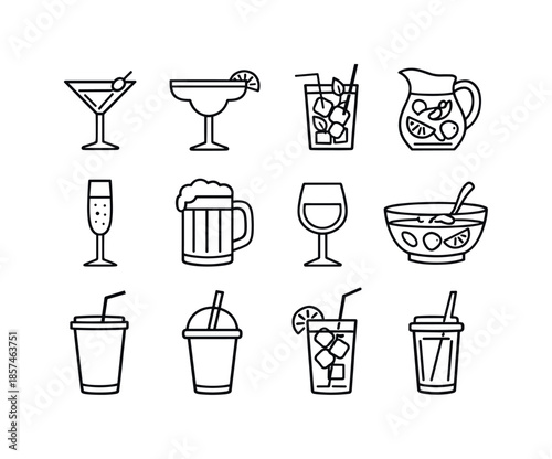 Party Drink Icons. Party drinks. Line icon set of party drinks: cocktail glass, margarita cup, mojito glass, sangria pitcher, champagne flute, beer mug, wine