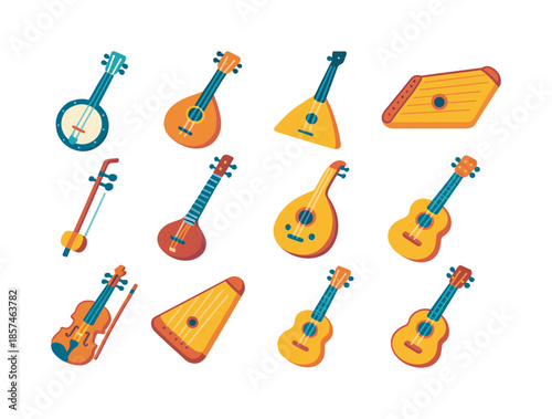 Folk String Instruments Icons. Folk string instruments. Colorful flat vector icons set of folk string instruments: banjo, mandolin, balalaika, gusli, erhu,