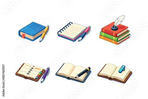 Isometric Book & Pen Icons. Isometric Book & Pen Scenes. Isometric flat vector icons set of Isometric Book & Pen Scenes: hardcover book with pen beside, spiral