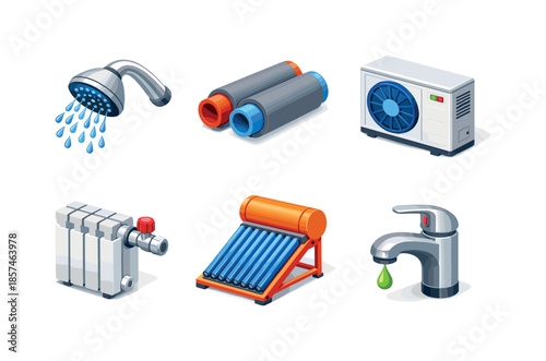 Water Heat Saving Icons. Water and heat saving. Isometric flat vector icons set of water and heat saving: low flow shower head, insulated water pipes, heat