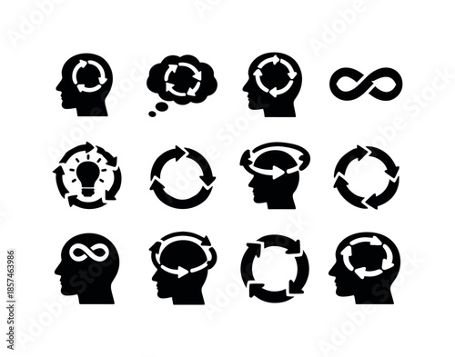 Circular Thinking Icons. Circular Thinking. Solid icon set of Circular Thinking: looping arrows head, circular thought arrows, mind loop symbol, endless
