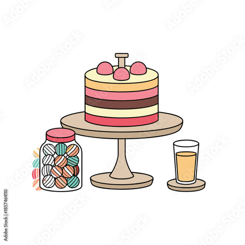 Delicious Cake with Candies and Drink on Table