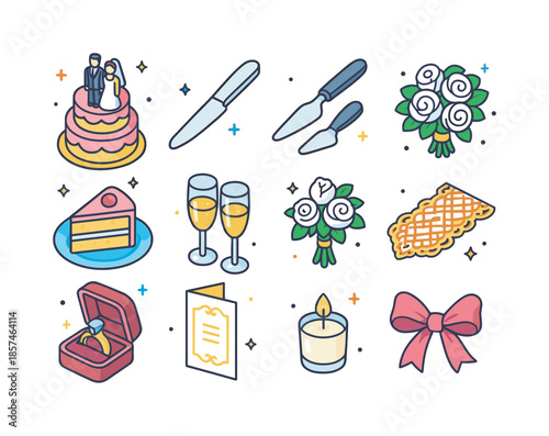 Wedding Cake Essentials. Wedding cake cutting. Colorful isometric vector icons set of Wedding cake cutting: tall tiered wedding cake, silver cake knife,