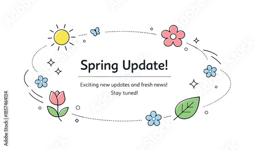 Spring Icons Announcement. Spring brand announcement. Abstract scene with icons of flowers, sun and leaves orbiting a central message area. Seasonal update,