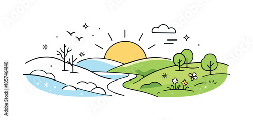 Spring Awakening Landscape. March transition landscape. Rolling hills with patches of snow turning into greenery under a rising sun. Peaceful editorial