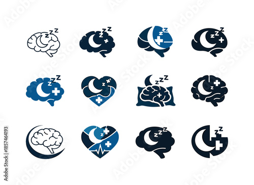Sleep Science Icons. The science of sleep and its impact on health. Icon set. Set Logo of The science of sleep and its impact on health: sleeping brain.