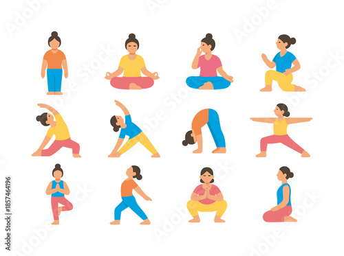 Yoga Icon Set. Yoga for clarity. Colorful flat vector icons set of yoga for clarity: mountain stance, seated lotus, breath pose, gentle twist, side stretch,