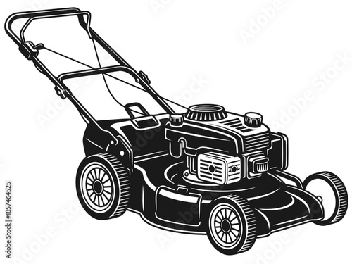 Vector illustration of a lawn mower cutting grass in a garden from a high viewpoint