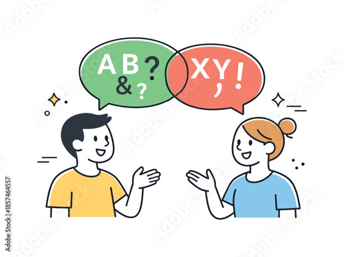 Language and Dialogue. Language and Communication. Two simple characters exchanging speech bubbles filled with letters and symbols, representing dialogue and