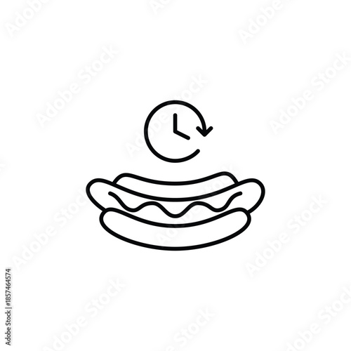 Hot dog with mustard in a bun and clock. Food scheduled delivery and meal pick-up on time. Takeaway fast food. Pixel perfect, editable stroke vector icon