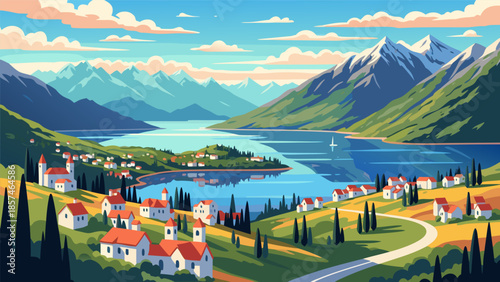 Vector Illustration of a Serene Mountainous Landscape with Village, Lake, and Mountains