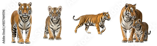 Collection of various bengal tiger poses including a mother and cub family portrait and a solitary hunter walking with prey on transparent background