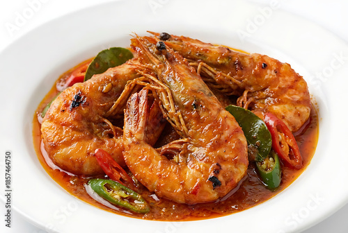 Indonesian udang saus padang, prawns coated in thick spicy sauce, isolated on a white background
