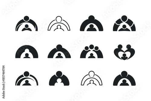 Parent-Child Logos. Parent-child connection. Icon set. Set Logo of parent-child connection: protective arch over child. harmonious logo variations of the same