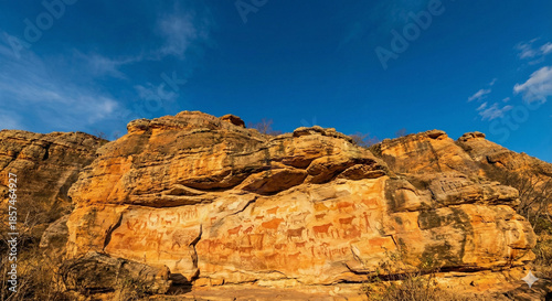 Ancient prehistoric rock paintings on a sandstone cliff in Serra da Capivara National Park