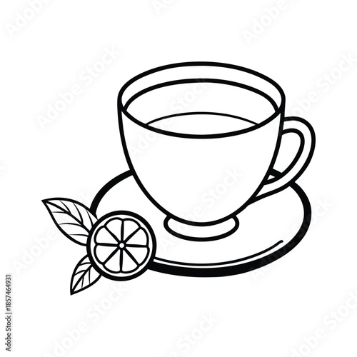 Teacup with Lemon Slice and Mint Leaves on Saucer
