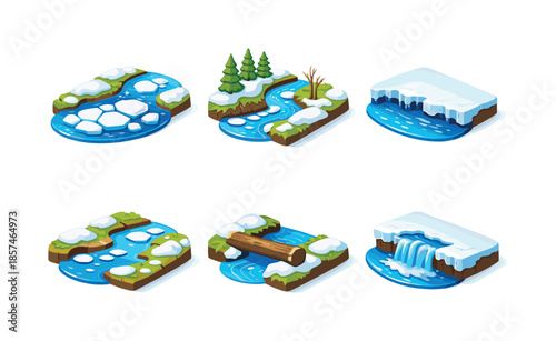 Melting Ice Rivers Icons. Rivers & streams melting ice. Isometric flat vector icons set of Rivers & streams melting ice: river with cracked ice patches, forest