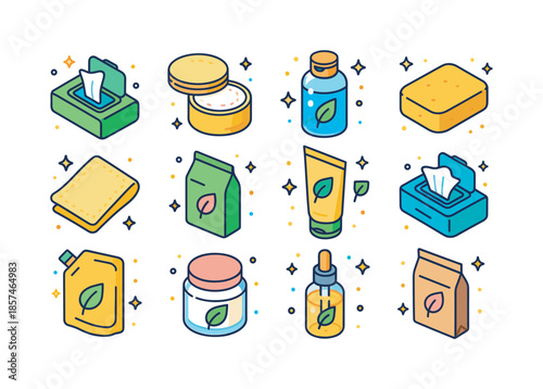 Eco-Friendly Icon Set. Eco-friendly cleansing products. Colorful isometric vector icons set of eco-friendly cleansing products: biodegradable wipes, bamboo