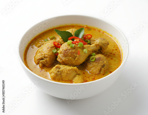 Indonesian gulai ayam / chicken curry, chicken pieces in yellow curry broth with natural oil pooling, uneven texture, on a white plate with white background, suitable for food advertisement