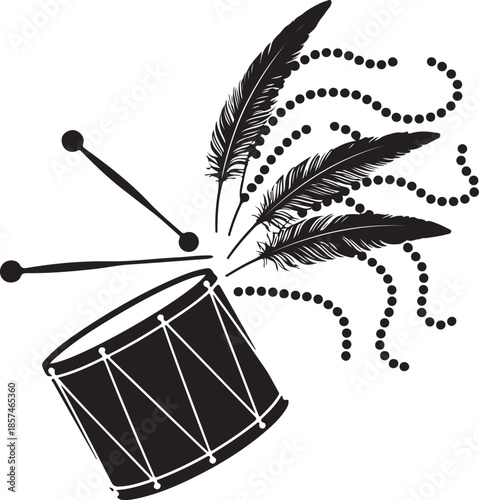 Vintage illustration of a drum with feathers and drumsticks