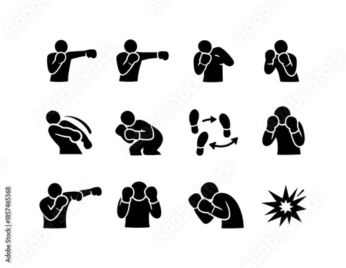 Boxing Training Icon Set. Boxing training moves. Solid icon set of boxing training moves: jab, cross punch, hook punch, uppercut, slip move, weave move,