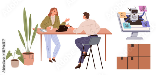 Two colleagues discussing work at a desk with a laptop, beside a digital monitor showing a robot coordinating tasks. Potted plants and boxes add context. Ideal for teamwork, AI, automation