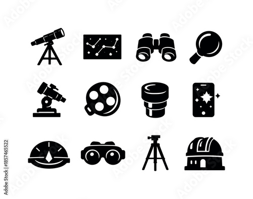 Planet Observation Icons. Planet observation tools. Solid icon set of planet observation tools: telescope, star chart, binoculars, lens icon, tracking mount,