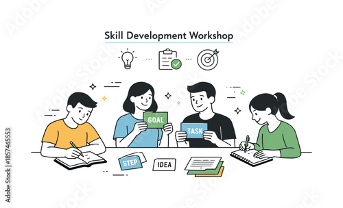 Collaborative Skill Workshop. Skill development workshop. Small group working together with notebooks and task cards, practicing new skills. Calm teamwork with