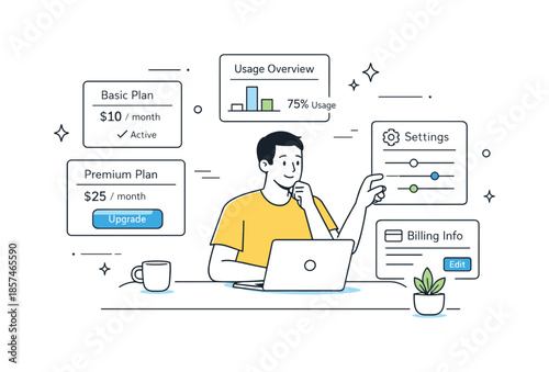 Subscription Management Simplified. Subscription management. Person reviewing plans and usage cards, adjusting settings with confidence. Calm, transparent