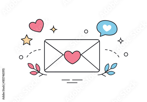 Heartfelt Valentine Postcard. Valentine postcard scene. A small envelope with a heart seal and gentle floating shapes, expressing care, tenderness